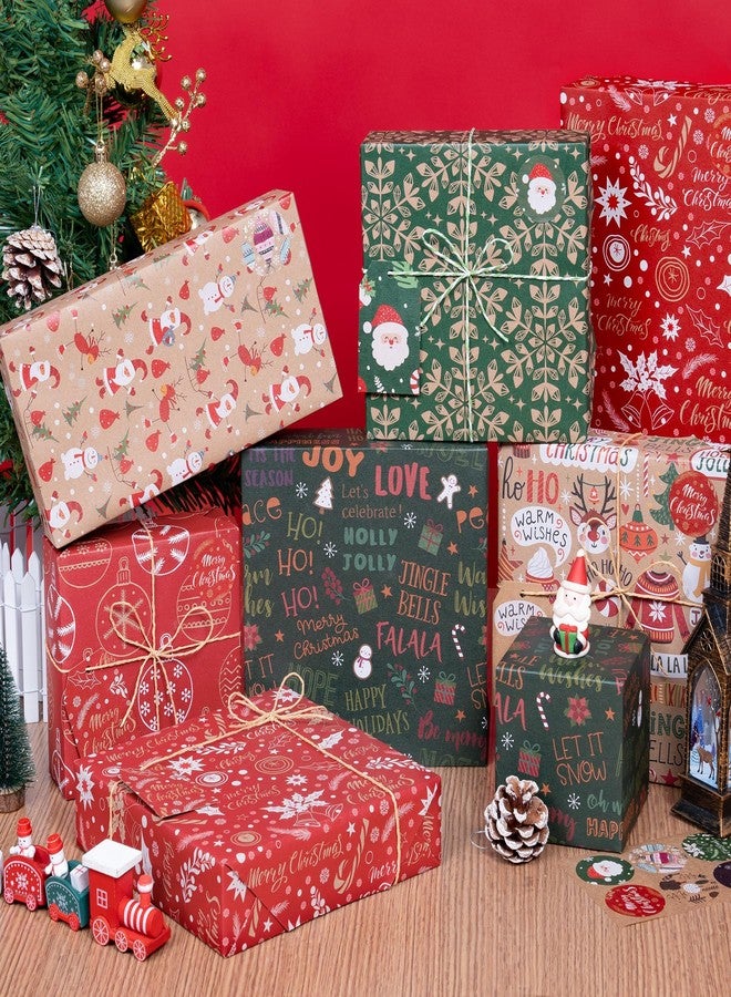 Rancco Christmas Wrapping Paper, 6 Sheets Red and Green Wrapping Paper Set with Tags Stickers and Ribbon, Brown Christmas paper for Xmas Winter Holiday New Year Party Decoration, 27.5x19.7inch - Image 4